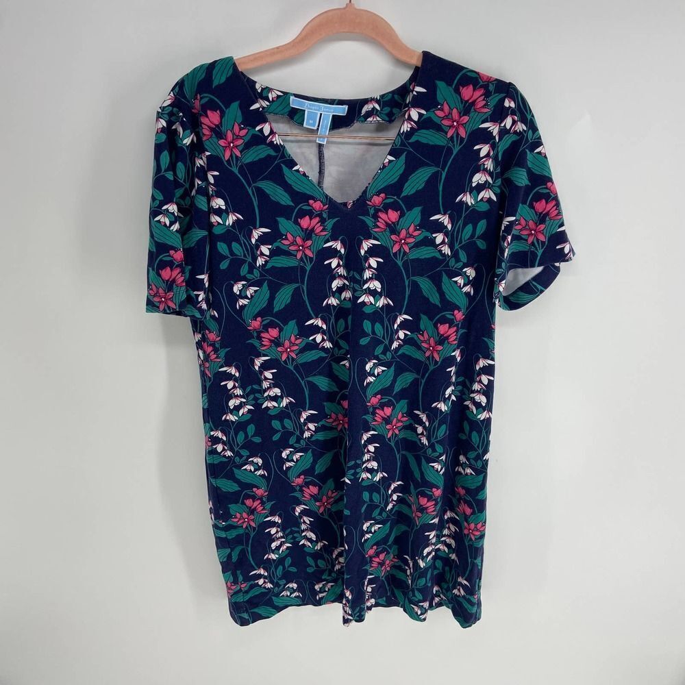 Draper james Floral Jersey V Neck Tshirt Mini Dress Blue pink women m